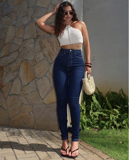 Calça Jeans Skinny Premium Feminina Cintura Alta Básica 00802 Escura