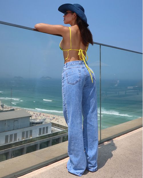 Calça Jeans Wide Leg Feminina Cintura Alta Básica 23983 Média