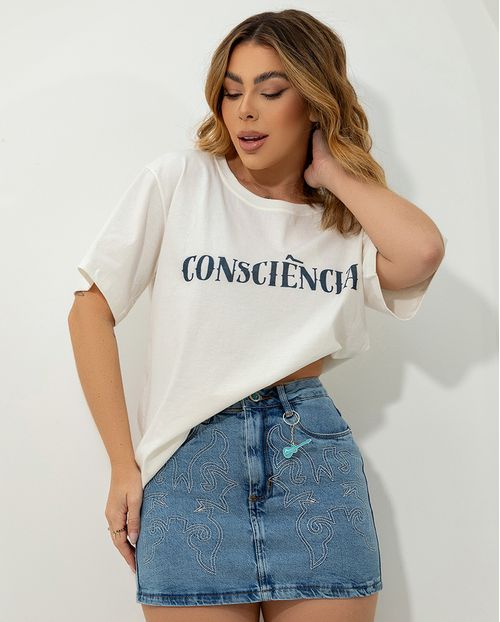 Mini Saia Jeans Feminina Cintura Média com Bordado Ana Castela 24296 Clara