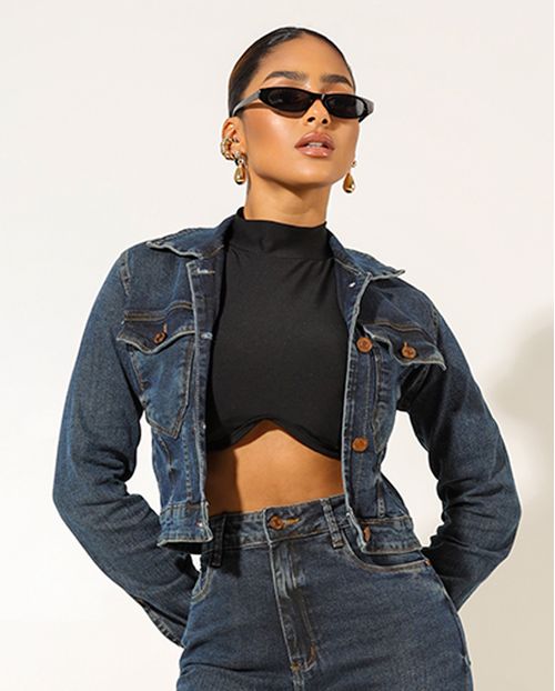 Jaqueta Jeans Cropped Feminina com Elastano 23901 Sujinha Escura