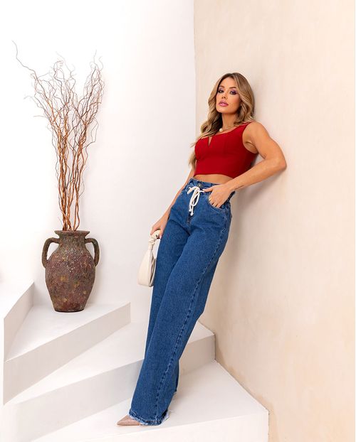 Calça Jeans Wide Leg Rope Feminina Cintura Alta 23098 Escura