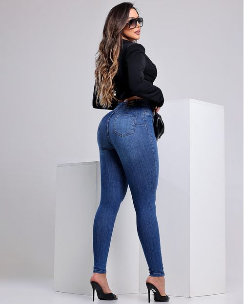 Calça Jeans Skinny Hot Feminina Cintura Alta Fivela Meia Lua 24196 Escura