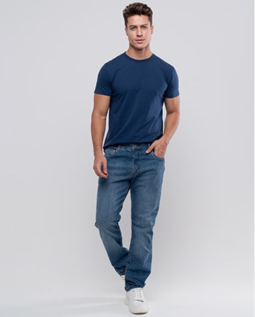 Calça Jeans Slim Fit Masculina com Elastano Detalhe Bolso 24358 Médio Sky