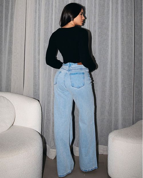Calça Jeans Wide Leg Feminina Cintura Alta Básica sem Elastano 29032 Sky Claro