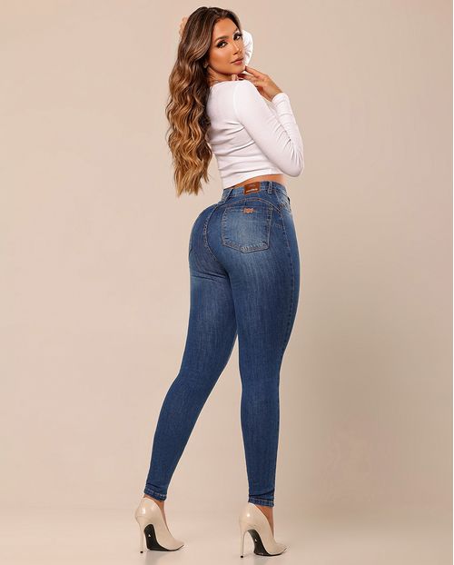 Calça Jeans Skinny Hot Feminina Cintura Alta Detalhe Bolso 24377 Escura com Used