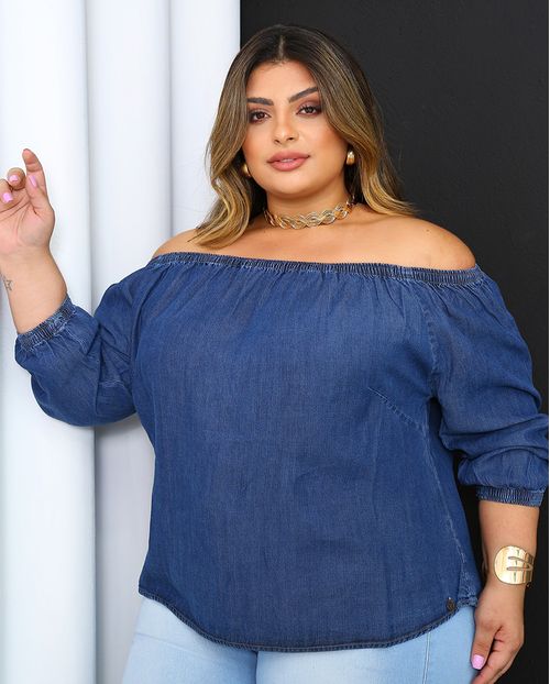 Blusa Jeans Feminina Ciganinha Plus Size 23201 Escura