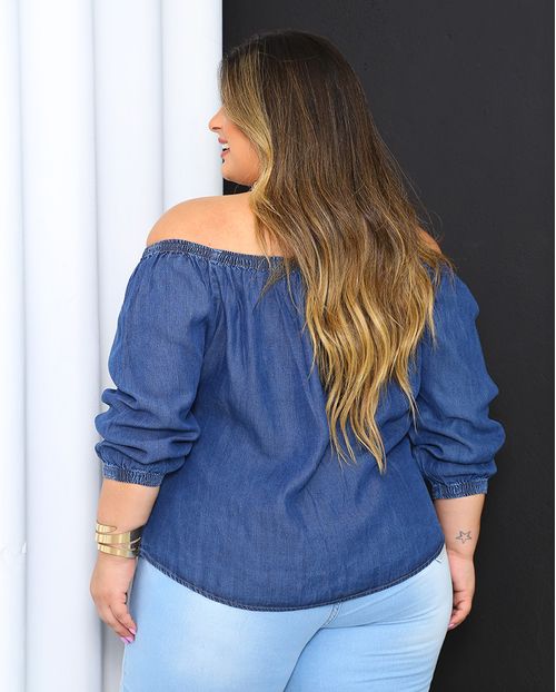 Blusa Jeans Feminina Ciganinha Plus Size 23201 Escura