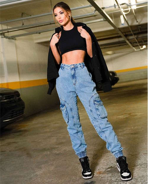 Calça Jeans Jogger Feminina Cintura Média Cargo 22862 Média