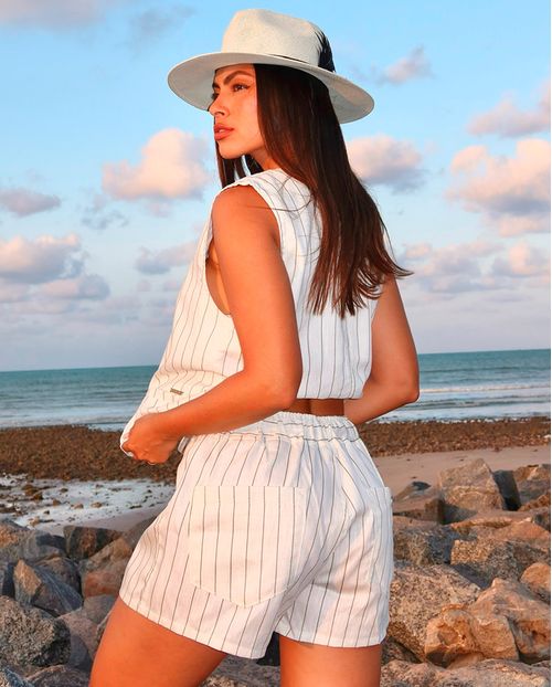 Shorts Linho Feminino com Elástico No Cós 24490 Listrado Off White