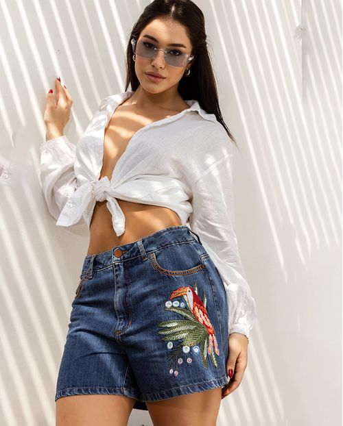 Shorts Jeans Feminino Mom com Bordado 24325 Médio Sky
