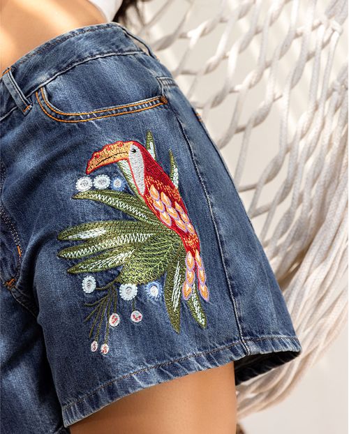 Shorts Jeans Feminino Mom com Bordado 24325 Médio Sky