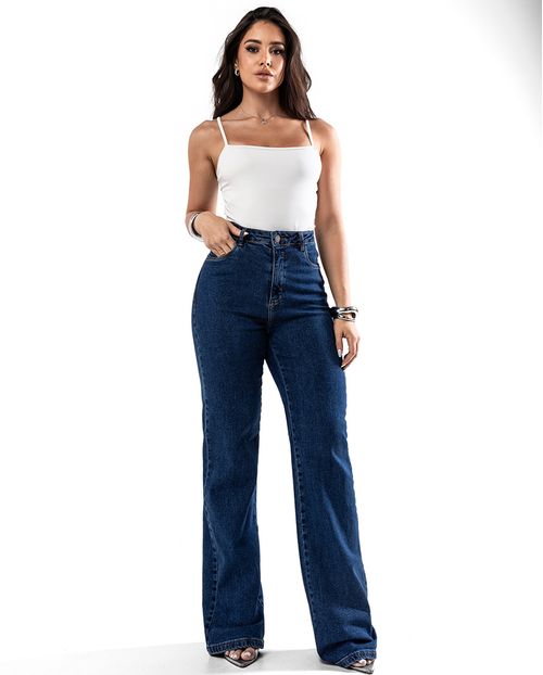 Calça Jeans Wide Leg Feminina Cintura Alta Básica com Elastano 28000 Escura