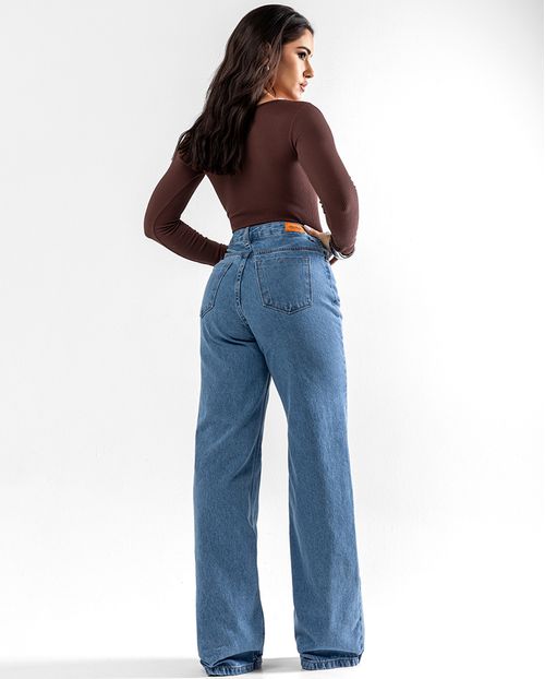 Calça Jeans Wide Leg Feminina Cintura Alta Básica Algodão 29000 Média