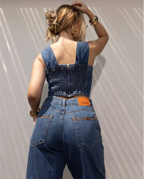 Calça Jeans Feminina Reta Cintura Alta com Detalhe de Costura 24330 Sky Escuro