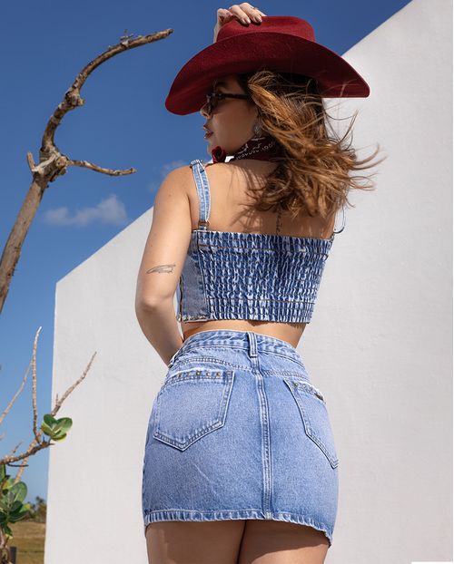 Mini Saia Jeans Feminina com Aplicação Ana Castela 24411 Clara