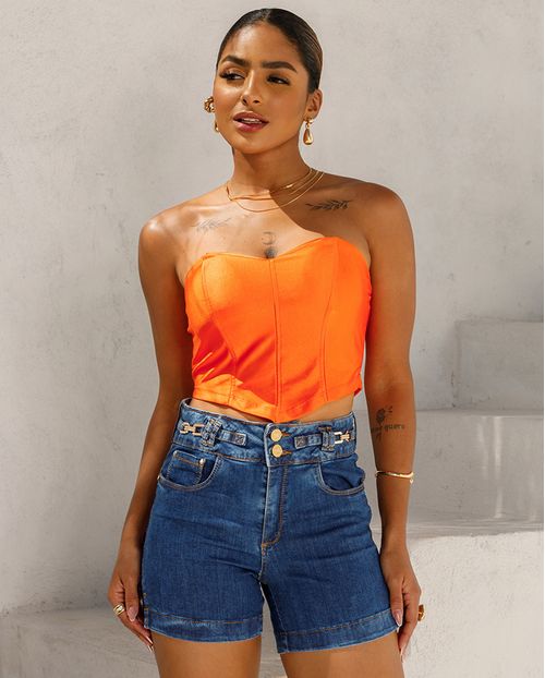 Bermuda Jeans Feminina Meia Coxa Cós Largo com Detalhe de Corrente No Cós 24191 Escura