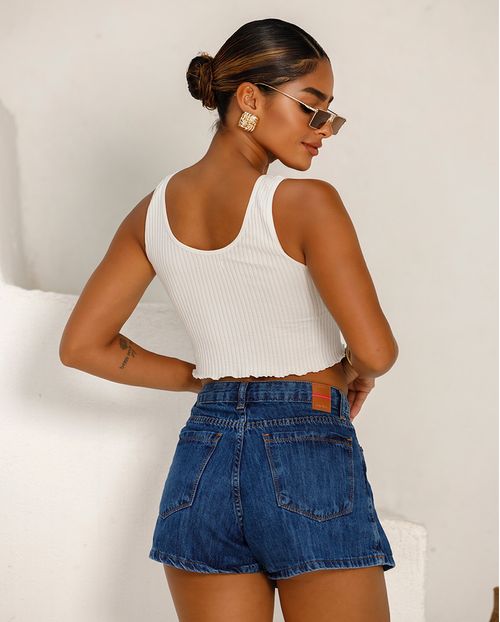 Shorts Saia Jeans Feminino Cintura Alta com Detalhe Na Costura 24328 Sky Escuro