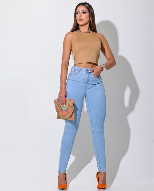 Calça Jeans Skinny Premium Feminina Cintura Alta Básica 00802 Ice