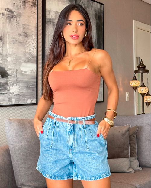 Shorts Jeans Feminino Straight Cós Revel e Cinto Pu 24465 Sky Claro