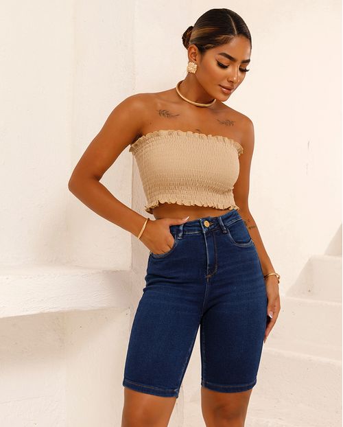 Bermuda Jeans Feminina Meia Coxa Cintura Alta 24355 Escura