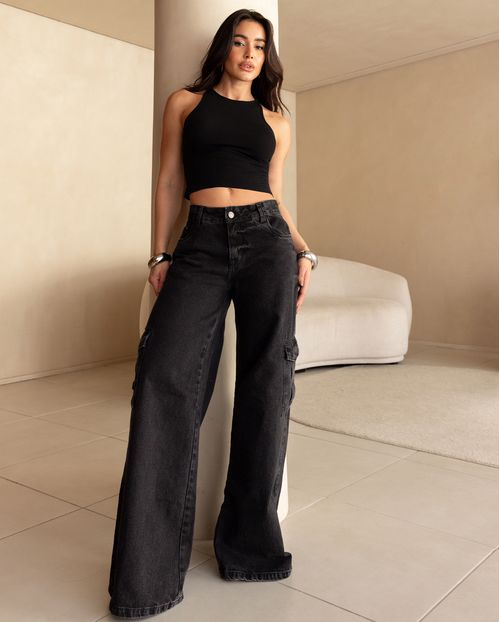 Calça Jeans Feminina Wide Leg Cargo Relaxed Cintura Baixa 24467 Preto