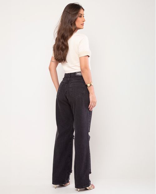 Calça Wide Leg Preta C/rasgos 2900p Preto