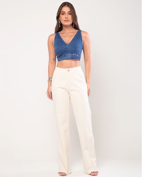 Calça Jeans Wide Leg Feminina Cintura Alta Barra Desfiada 23444 Off White