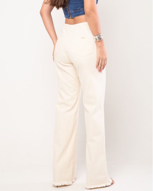 Calça Jeans Wide Leg Feminina Cintura Alta Barra Desfiada 23444 Off White