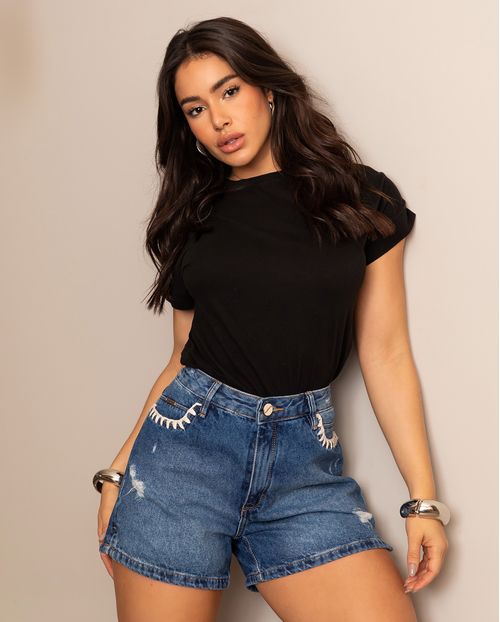 Shorts Jeans Mom Feminino Cintura Alta com Bordado Alinhavado 24257 Medio Vintage