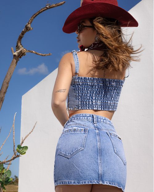 Mini Saia Jeans Feminina com Aplicação Ana Castela 24411 Clara