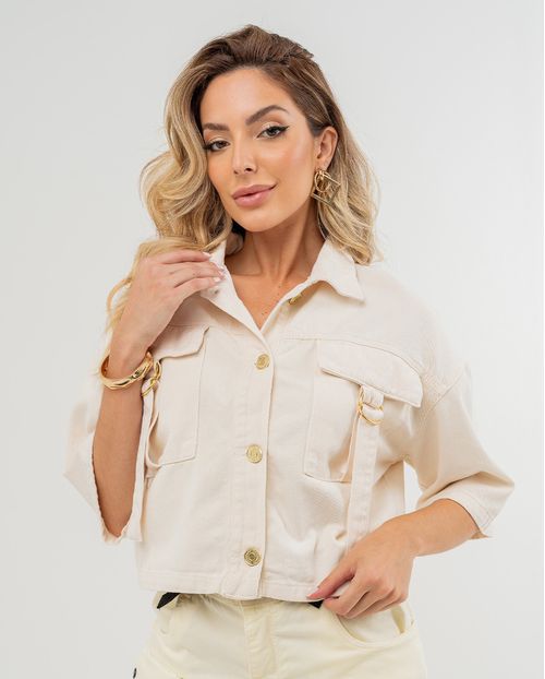 Camisa Jeans Cropped Oversize Feminina Bolsos Utilitário 23232 Off White