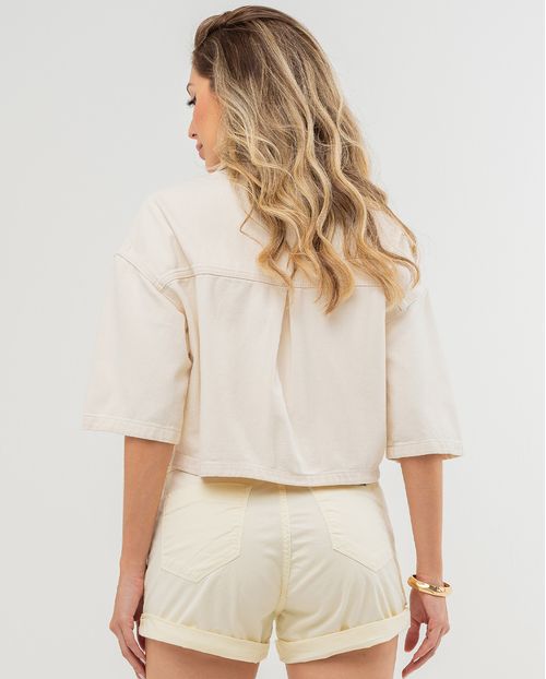 Camisa Jeans Cropped Oversize Feminina Bolsos Utilitário 23232 Off White