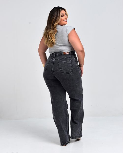 Calça Jeans Wide Leg Plus Size Feminina Cintura Alta Básica 28006 Vintage