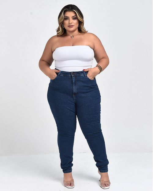 Calça Jeans Mom Feminina Plus Size Básica com Elastano 00229 Escura
