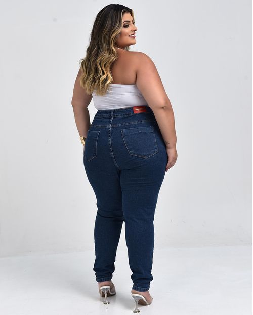 Calça Jeans Mom Feminina Plus Size Básica com Elastano 00229 Escura