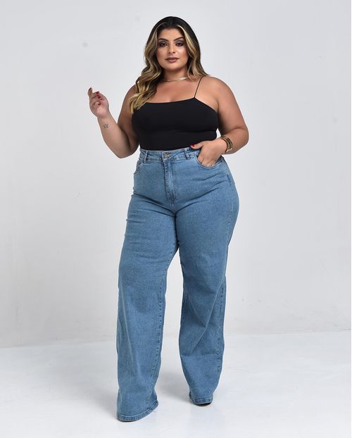 Calça Jeans Wide Leg Plus Size Feminina Cintura Alta Básica 28006 Média