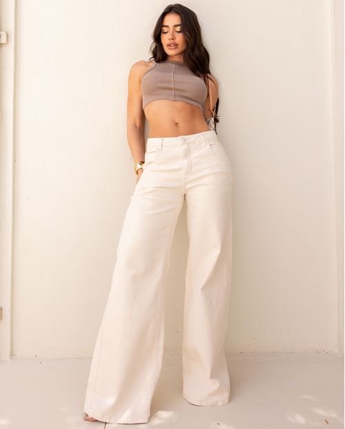 Calça Jeans Wide Leg Feminina Relaxed Cintura Baixa 24515 Off White