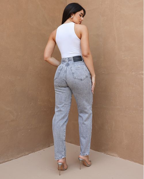 Calça Jeans Mom Feminina Cintura Alta Algodão 00101 Cinza