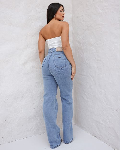 Calça Jeans Feminina Wide Leg Basica Cintura Alta 28018 Sky Claro