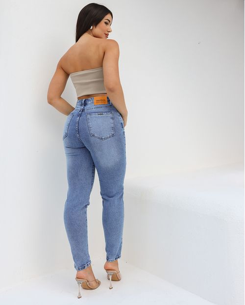 Calça Jeans Mom Feminina Cintura Alta Básica com Elastano 23916 Sky Médio