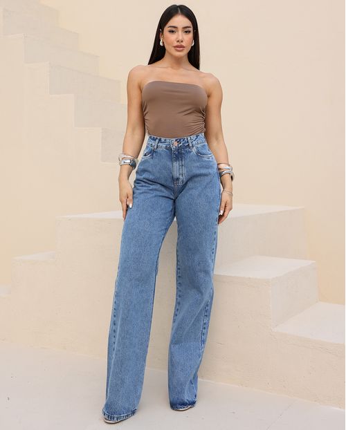 Calça Jeans Feminina Wide Leg Básica Cintura Alta 29035 Sky Médio