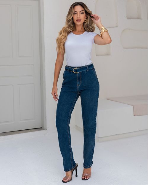Calça Jeans Reta Feminina com Pence e Cinto Cintura Alta 24535 Sujinha