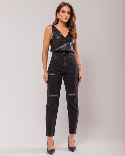 Calça Jeans Feminina Mom com Aplicação de Strass e Rasgos Na Perna   27115 Preto