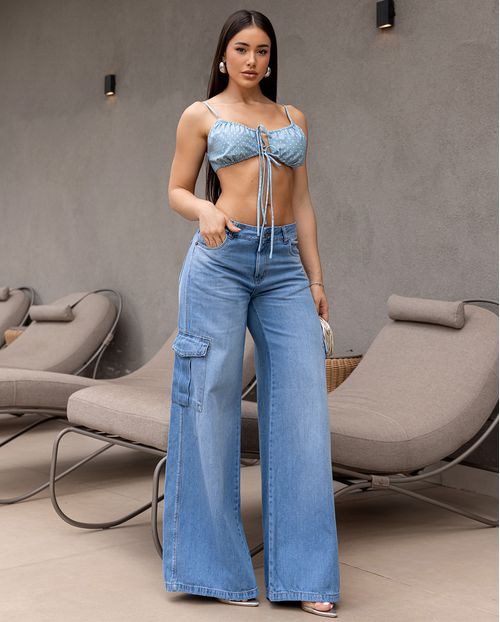Calça Jeans Wide Leg Feminina Cargo Relaxed Cintura Baixa 29215 Média
