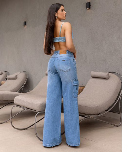Calça Jeans Wide Leg Feminina Cargo Relaxed Cintura Baixa 29215 Média
