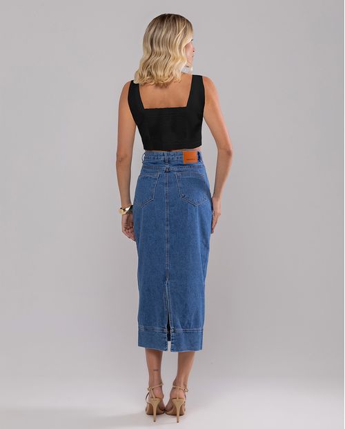 Saia Jeans Midi Feminina Cintura Alta Detalhe Barra 23700  Escura