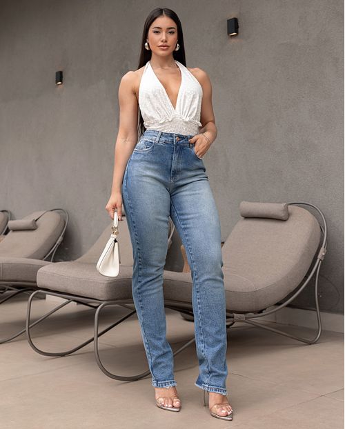 Calça Jeans Feminina Reta Básica Cintura Alta 24003 Sky Claro