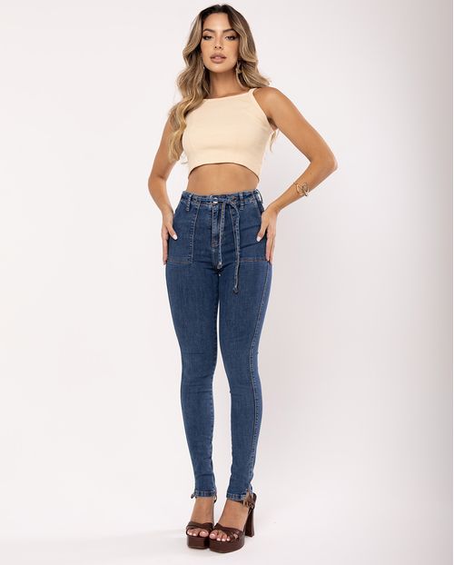 Calça Jeans Skinny Feminina Cintura Média Detalhe Cós 23643 Escura
