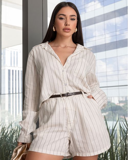 Shorts Linho Feminina Alfaiataria com Cinto 24560 Listrado Off White