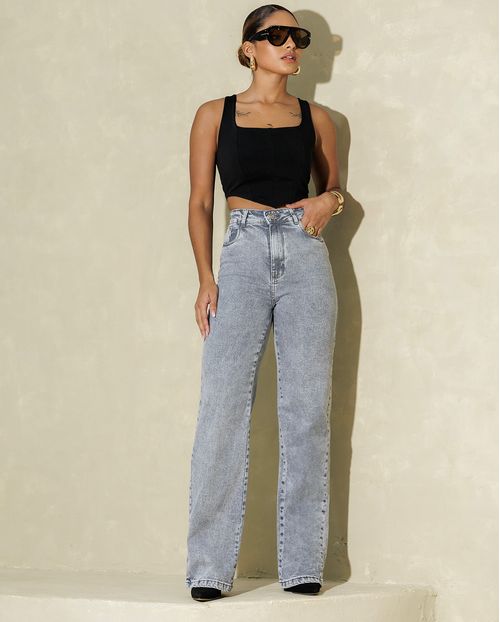 Calça Jeans Wide Leg Feminina Cintura Alta Básica com Elastano 28000 Cinza